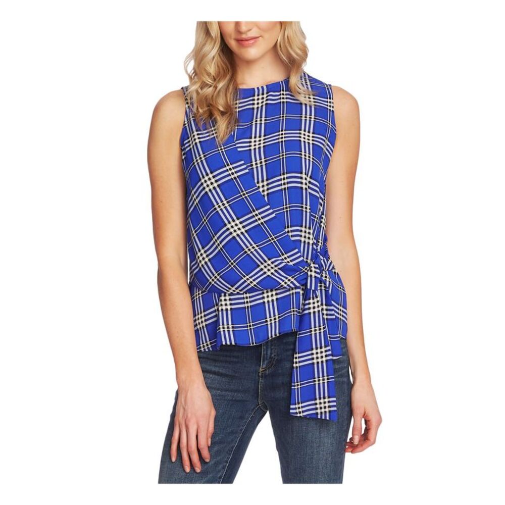 VINCE CAMUTO Womens Blue Side Tie Plaid Sleeveless Crew Neck Top XXS